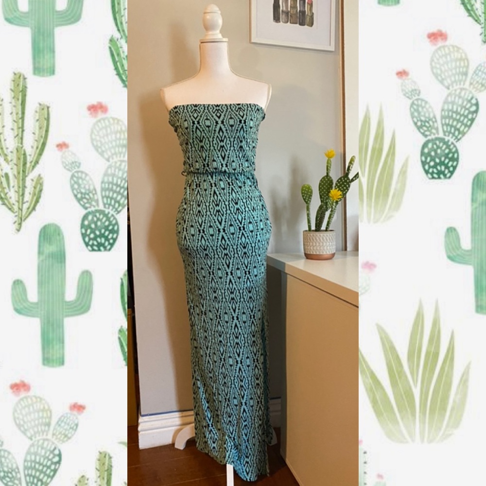 Turquoise black aztec print strapless maxi size small